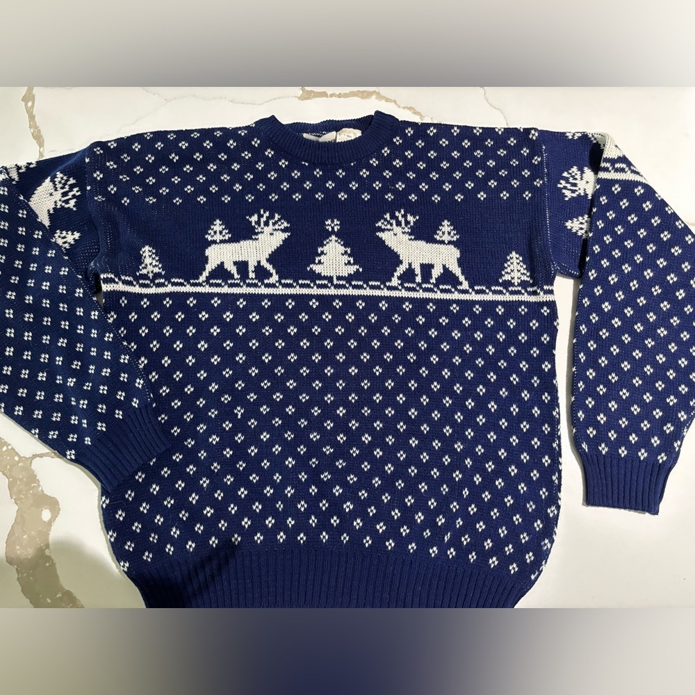 Vintage Puritan Christmas reindeer tree sweater mens size medium blue white rare